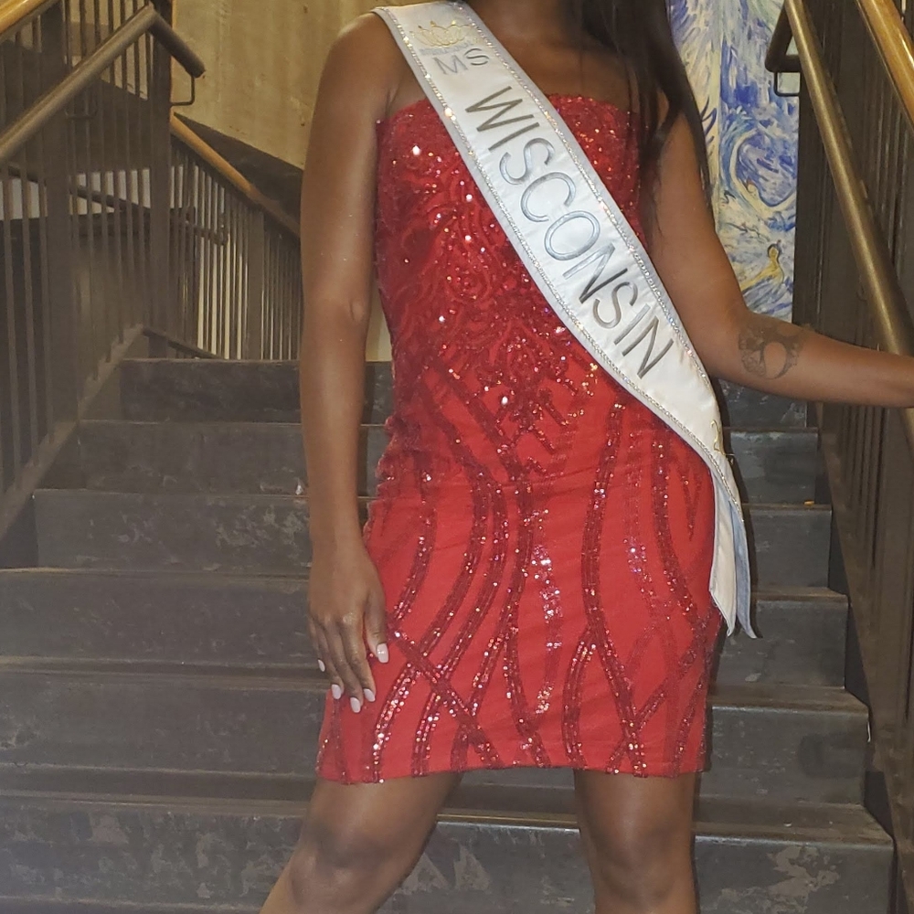 Red sequin strapless dress